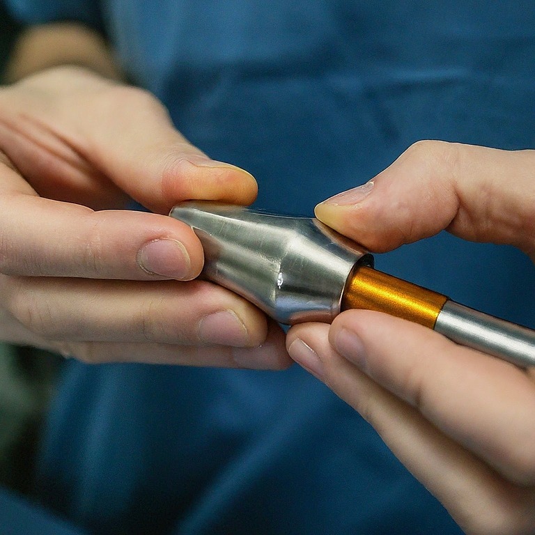 A person holding a brazed metal object featuring a small orange tip.